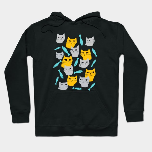 Strange grey and yellow cats with black eyes and blue fish Hoodie by iulistration